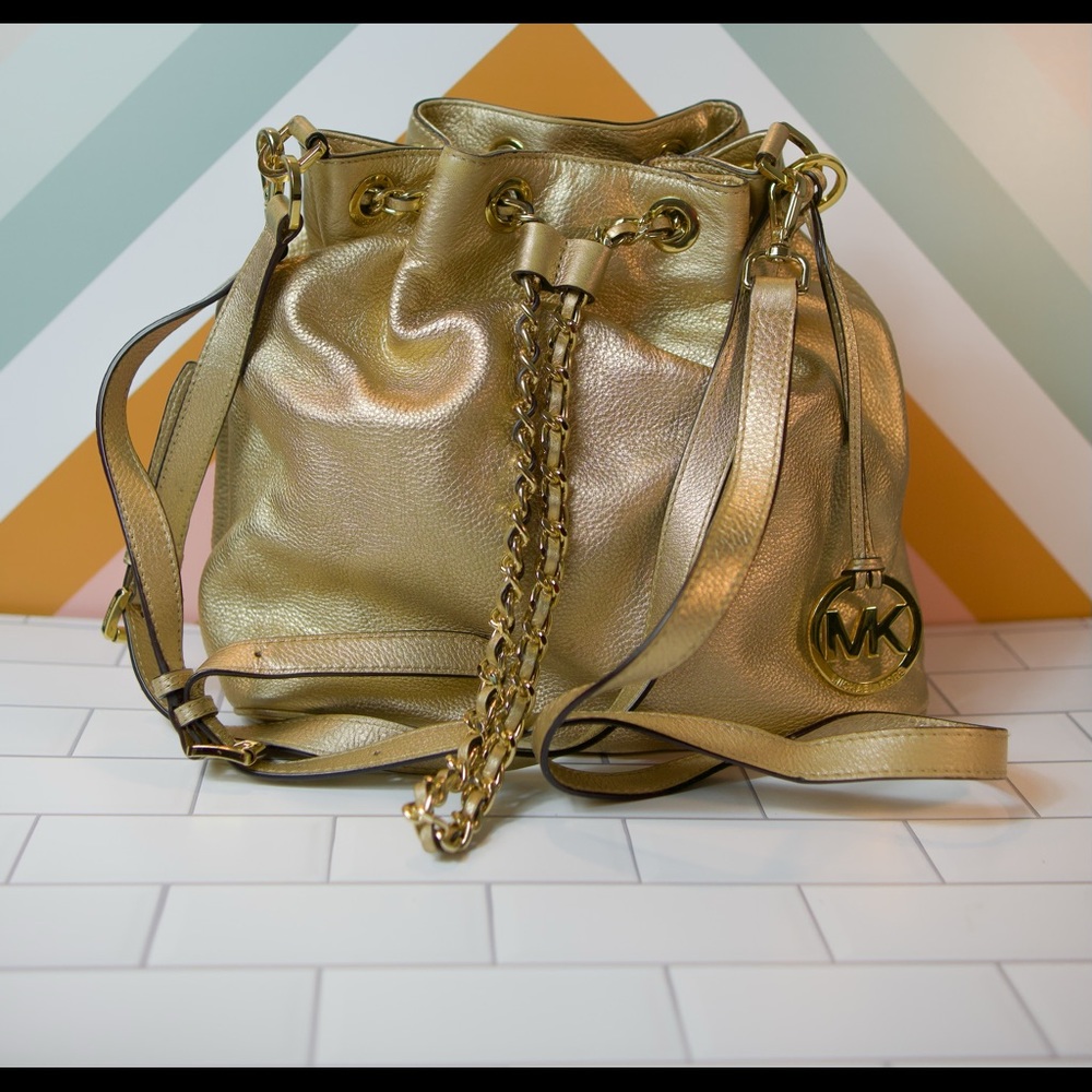 Michael Kors Frankie Drawstring Leather Crossby Pale Gold Bag